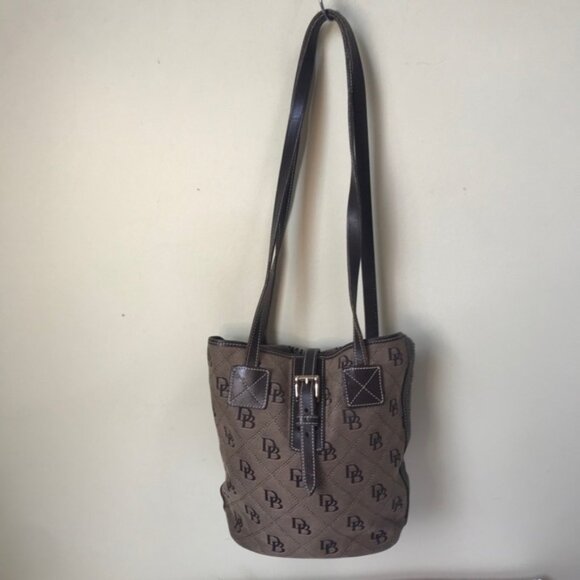 Dooney & Bourke Vintage Bucket Bag Leather Monogram Canvas Hobo Shoulder Purse - Picture 2 of 16